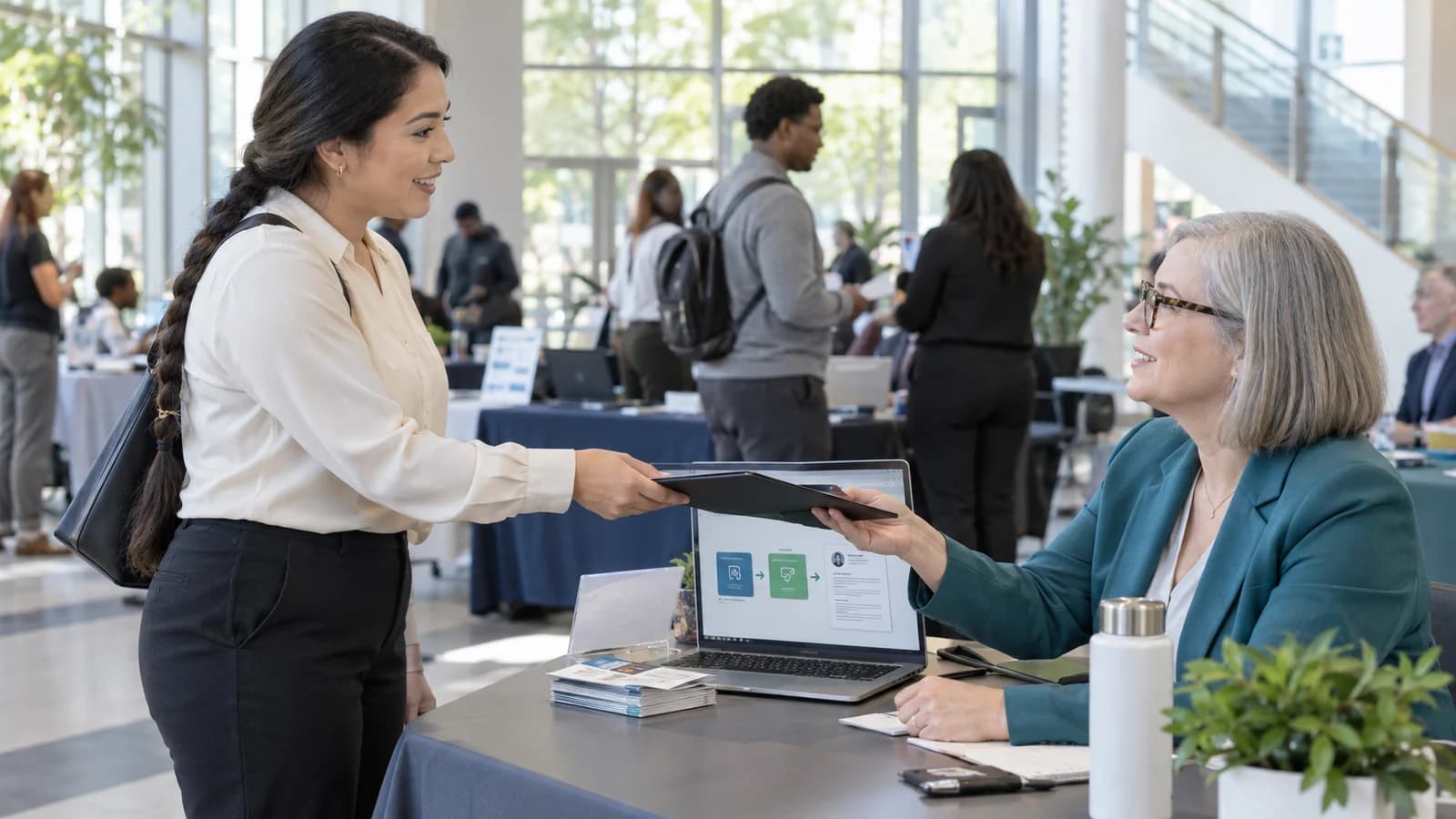 An adult learner discusses business skills and career pathways with an employer at a community-college hiring event.