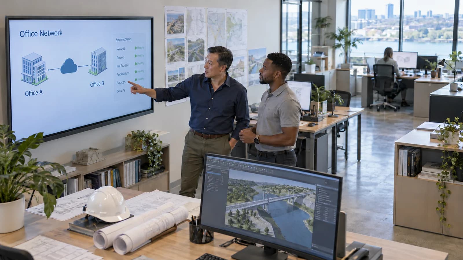 An IT leader and civil engineer bring office technology and project systems together in a contemporary engineering workspace.