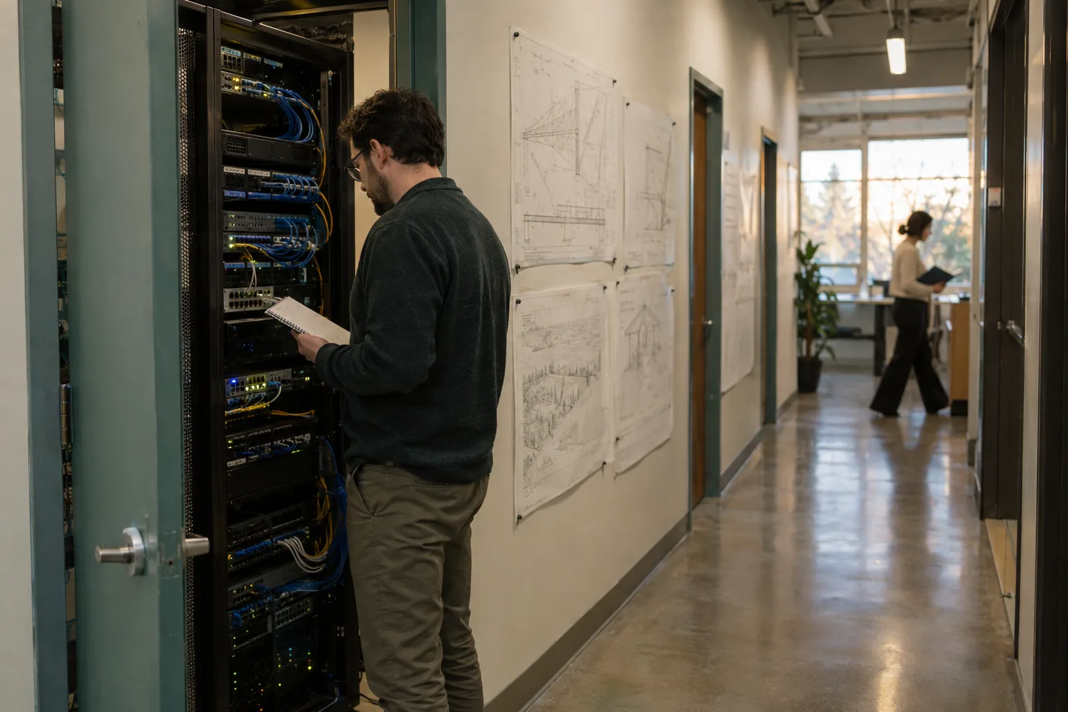 Engineering office, server closet door ajar.