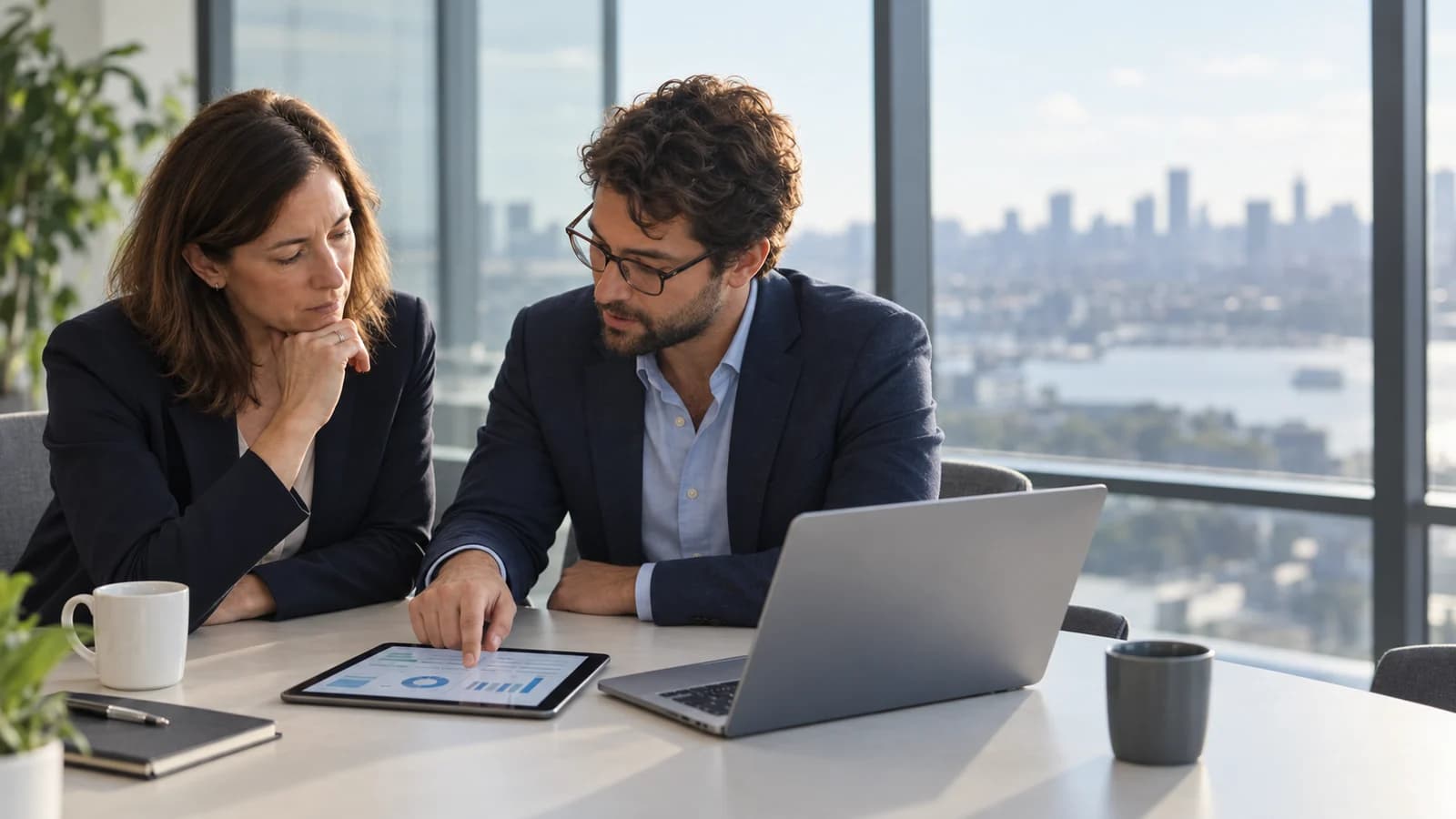 An executive and a consultant in modern business attire reviewing a tablet beside an open laptop in a contemporary meeting room.