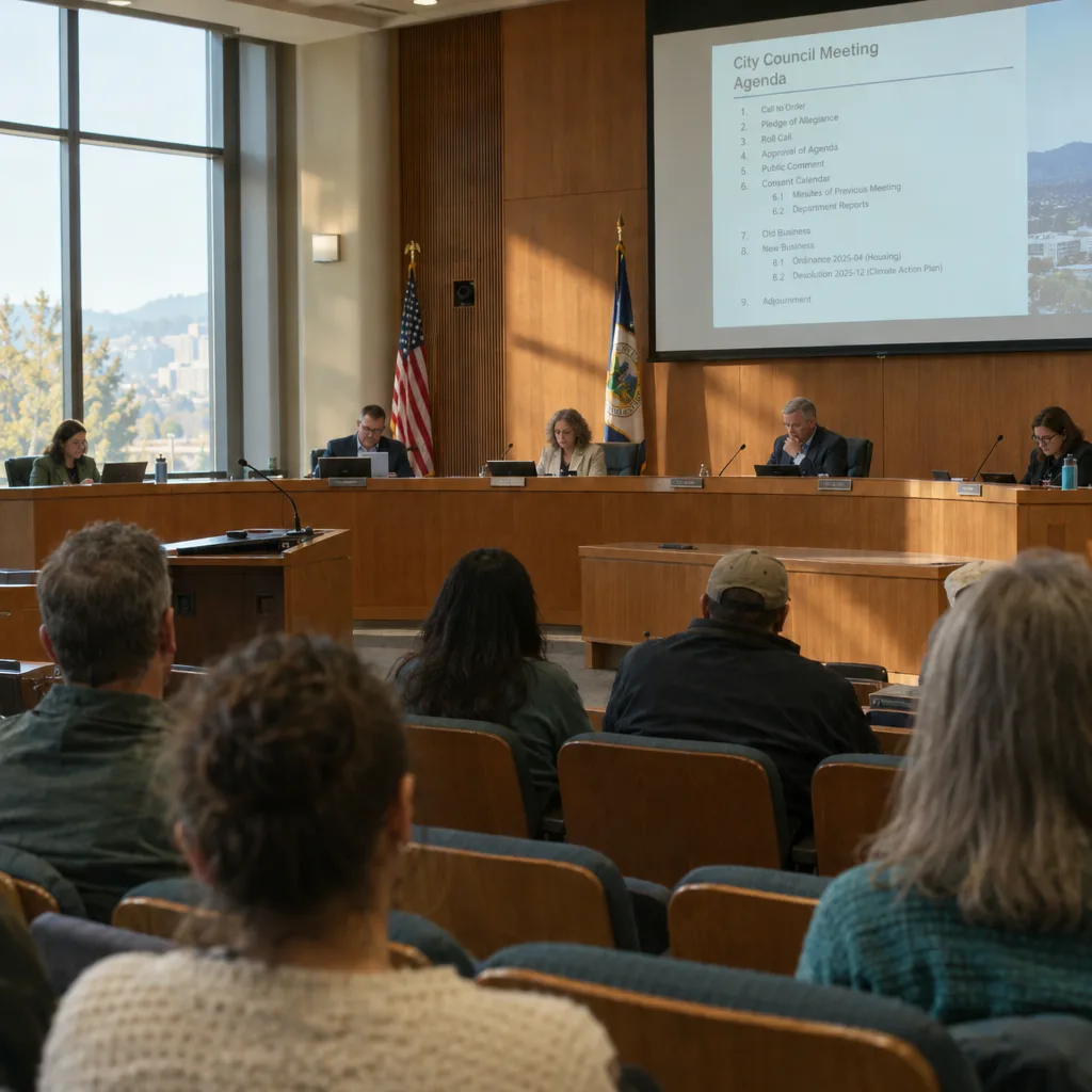 Council chamber, agenda on screen.