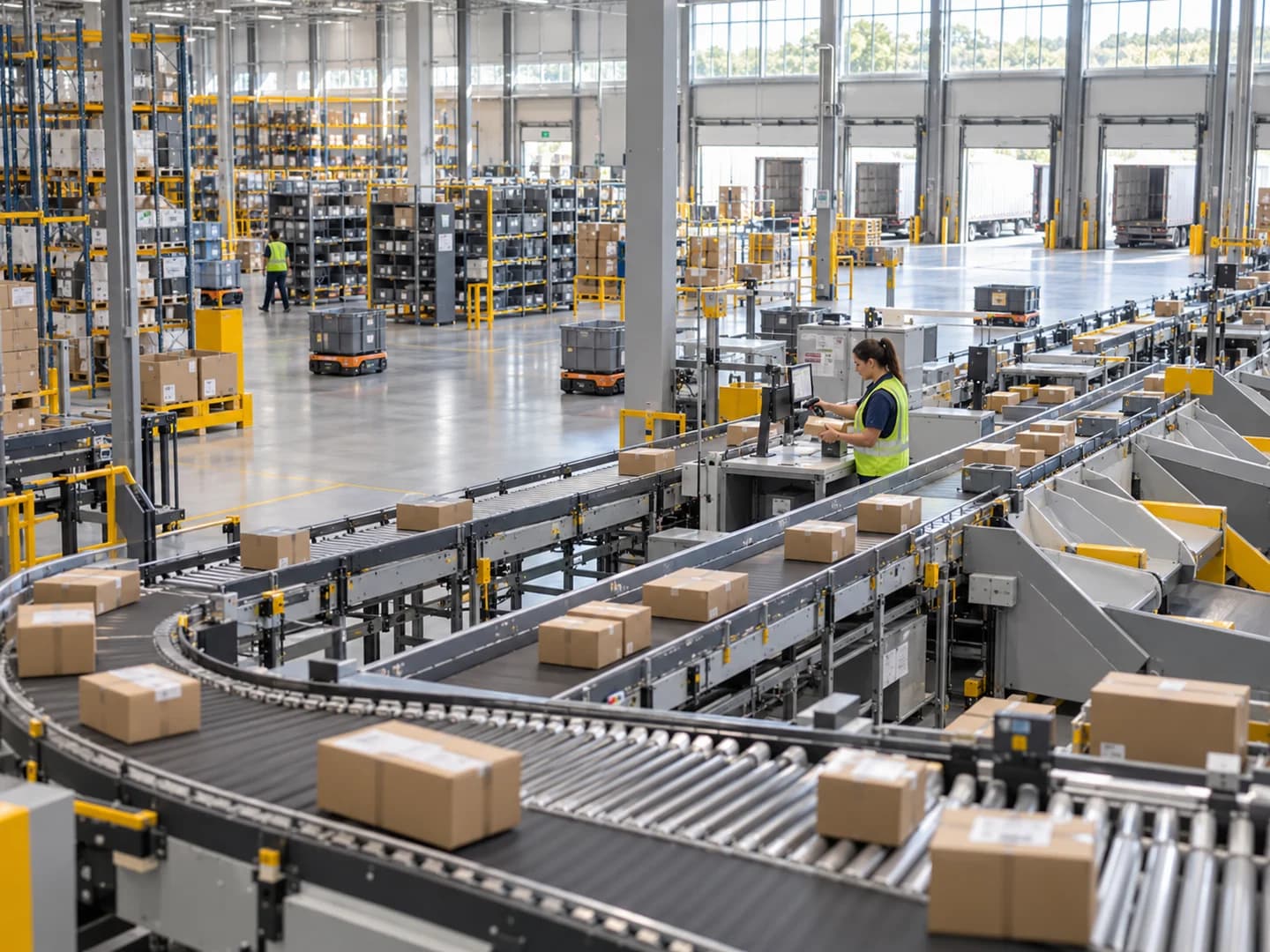 Modern commerce fulfillment operation with automated parcel conveyors, mobile robots, and a staff member scanning orders.