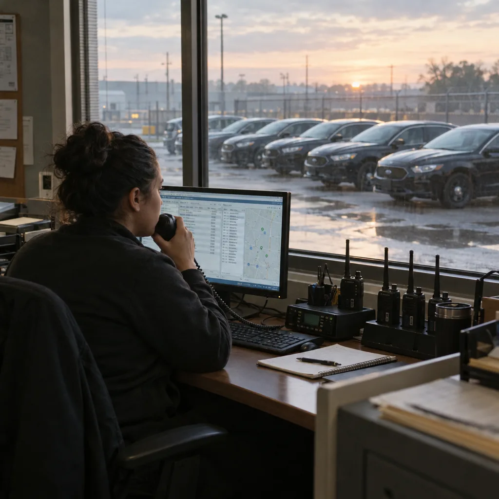 Dispatcher, fleet in the yard at dawn.