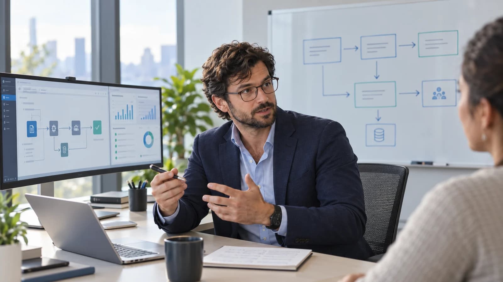 Consultant in a navy blazer discussing connected business workflows with a colleague beside a modern display and whiteboard.