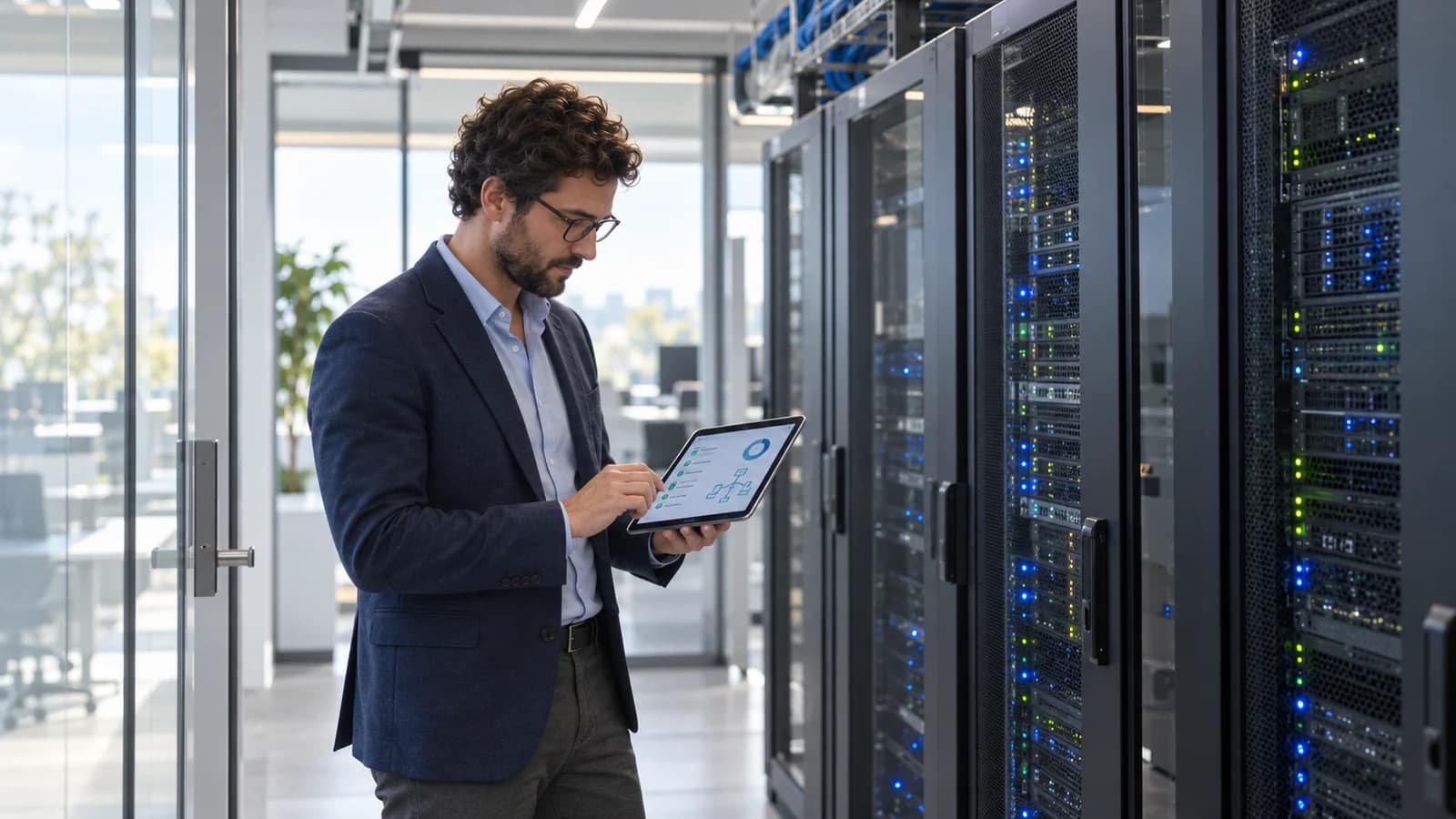 Consultant in modern business attire reviewing recovery status on a tablet beside orderly server racks.