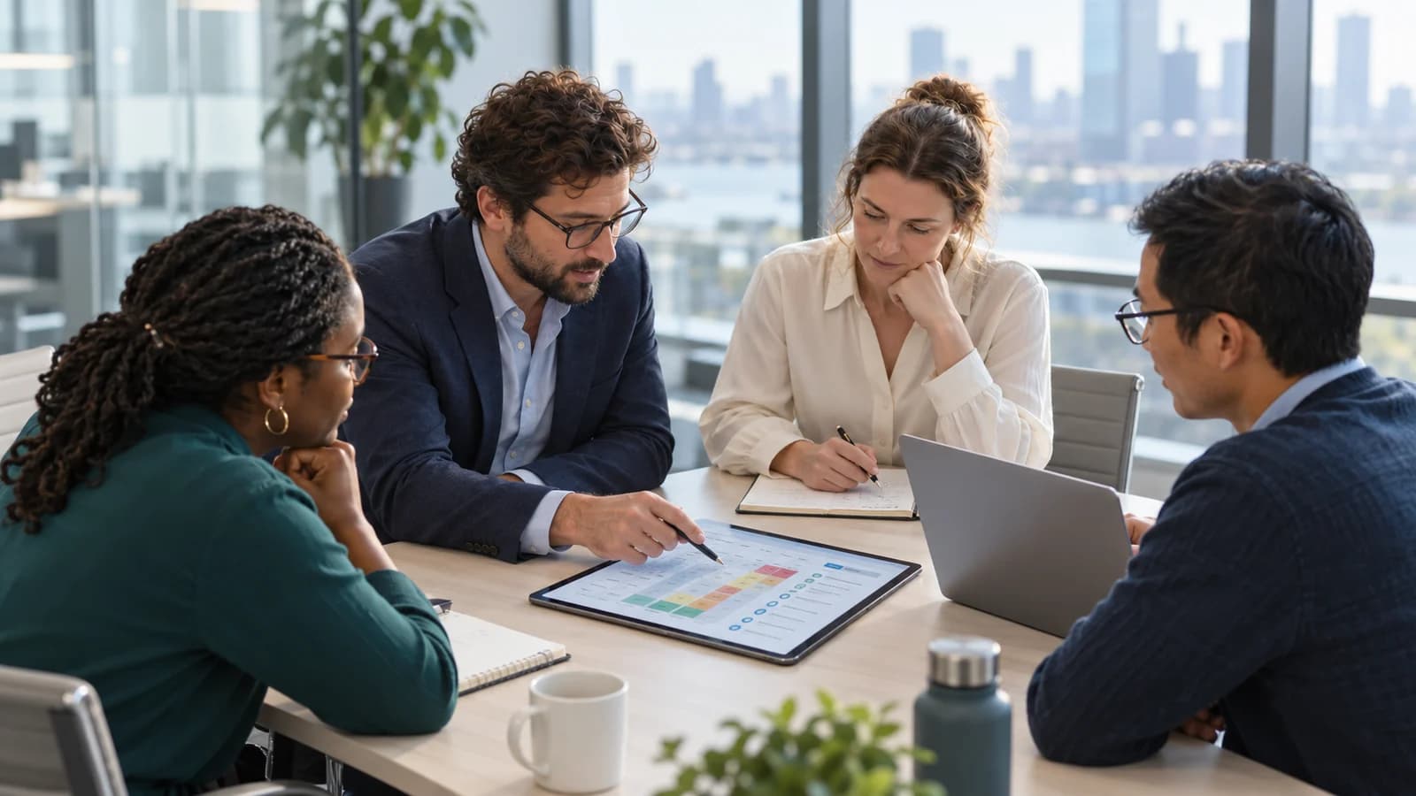 Consultant and leadership team reviewing a digital risk matrix on a tablet in a contemporary meeting room.